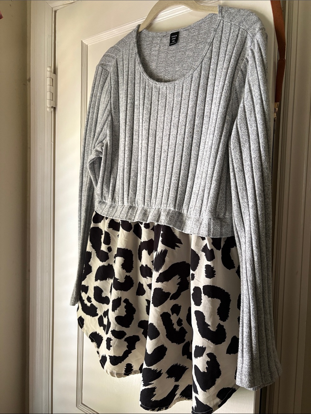 SHEIN Gray Rib-Knit Top with Black & Cream Leopard Skirt Dress